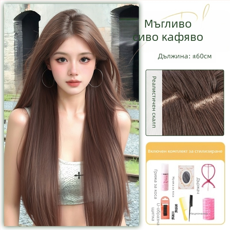 Перука с централно разделение и прави коси, ресни, реалистично скалпово покритие, термоустойчиво влакно, механизъм на изработка