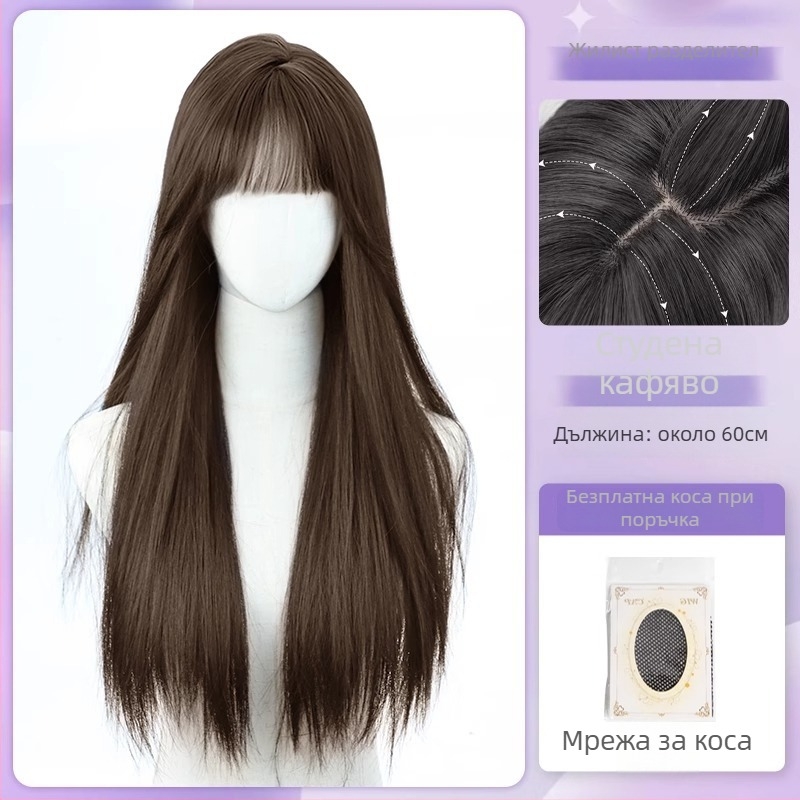 Перука с централно разделение и прави коси, ресни, реалистично скалпово покритие, термоустойчиво влакно, механизъм на изработка