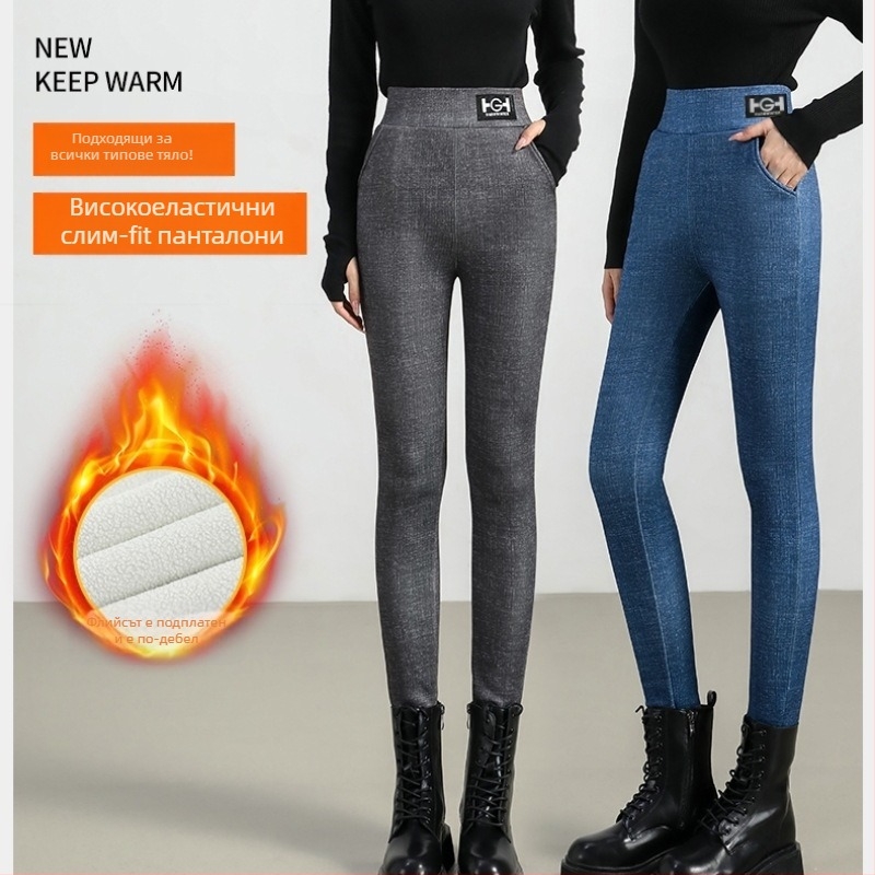 Унисексови панталони от полиестер с велурена подплата, висока талия, тънък силует, запазват топлината, умерена плътност (181-200 г/м²)