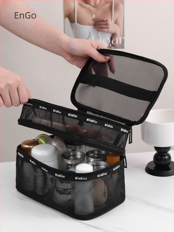 Многослойна нейлонова козметична чанта, голям капацитет, дишаща, водоустойчива, разделяне на сухо и мокро, с цип
