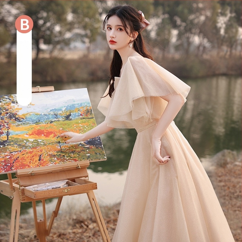 Елегантна рокля за шаферки, летен модел 2025, дълга пола, талия средна, Feifei ръкави