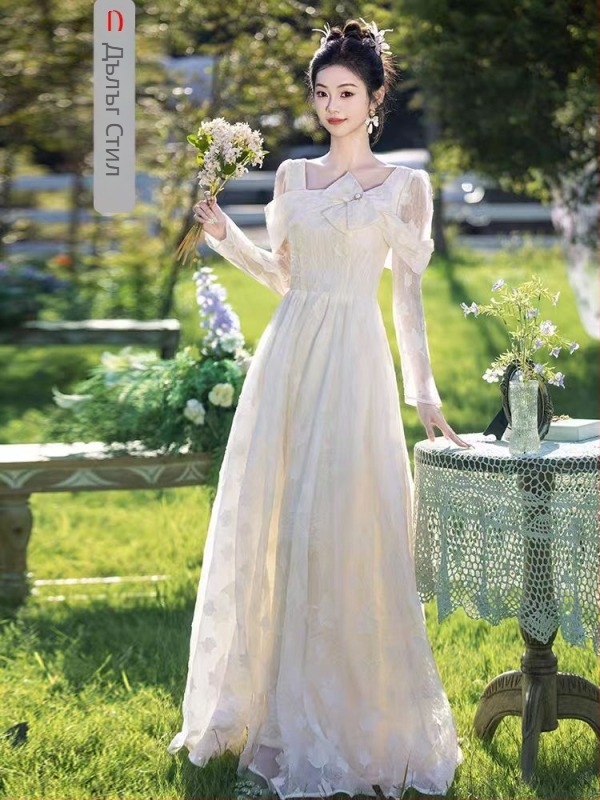 Сватбена рокля за шаферки — елегантен стил, дълги ръкави, квадратно деколте, силует А-линия, полиестер с еластан, 2025