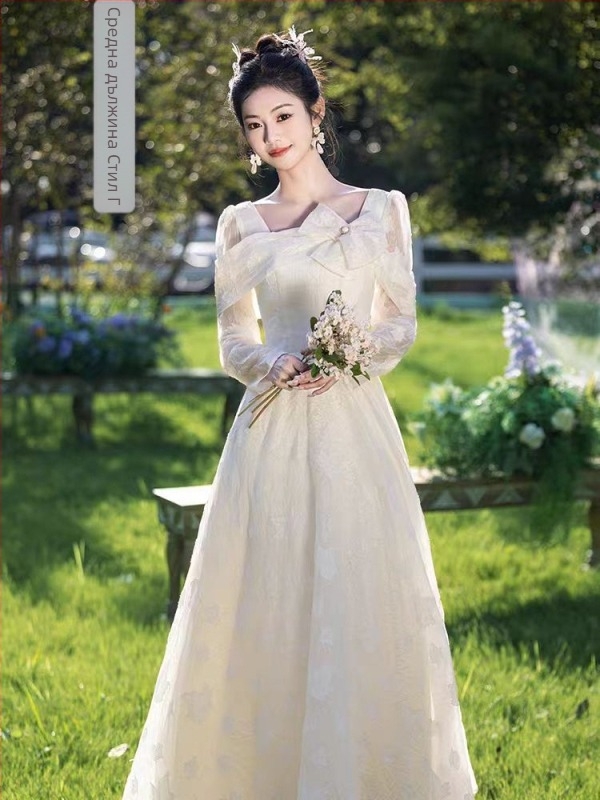 Сватбена рокля за шаферки — елегантен стил, дълги ръкави, квадратно деколте, силует А-линия, полиестер с еластан, 2025