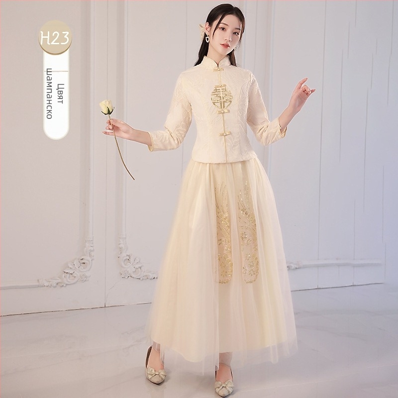 Рокля за шаферки в китайски стил, дълъг ръкав, дълга пола, талия средна, яка стояща