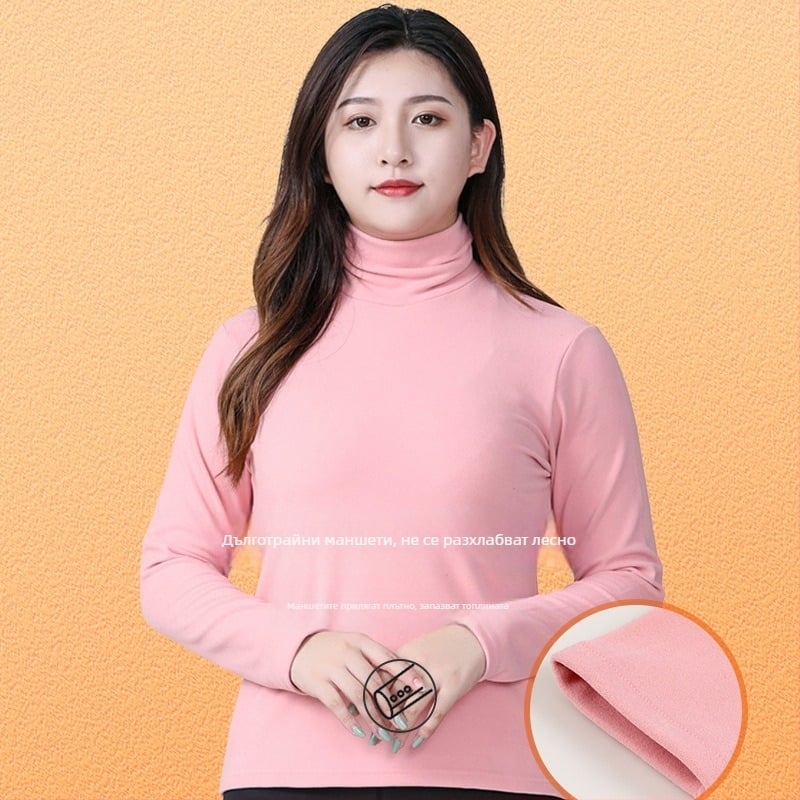 Дамски плътен велюрен пуловер с висока яка — тясна кройка, дълги ръкави, полиестер + спандекс, катионен велюр