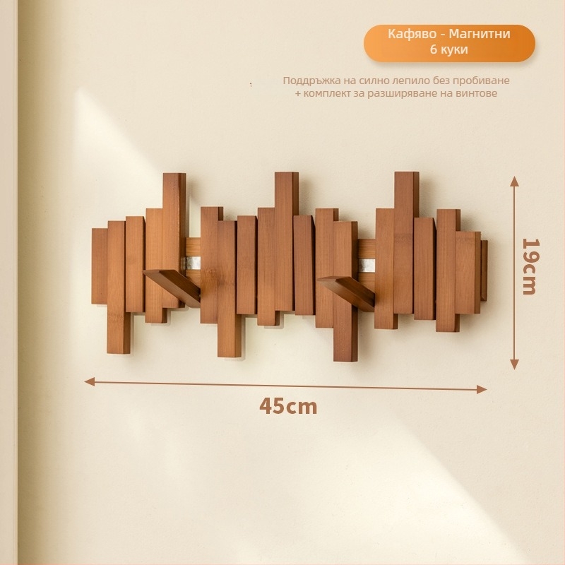 Магнитна закачалка за палта с дизайн на клавиши на пиано, стенна за антре, коридор и спалня, дърво/бамбук, модерен минимализъм, 3+ реда куки, капацитет 10–15 кг