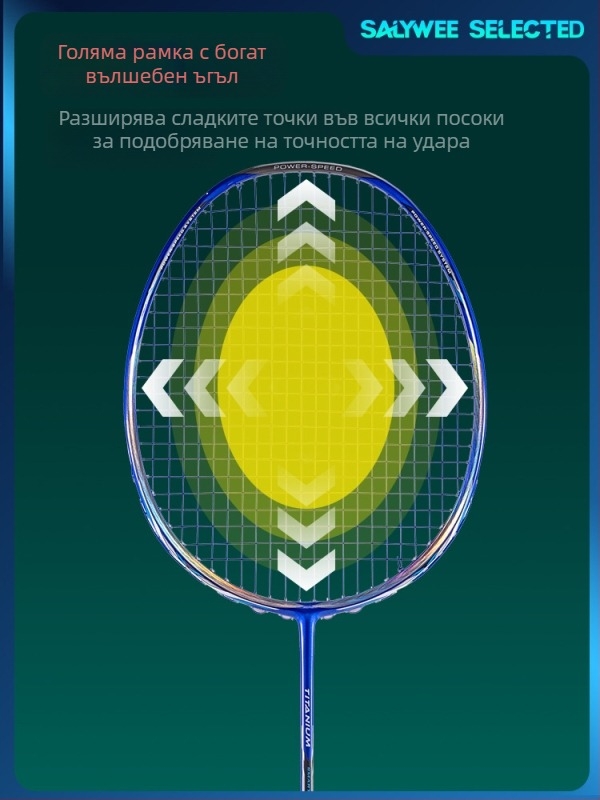 SALYWEE ракета за бадминтон с карбонова рамка, тегло 75–79 g, G5 дръжка, директен удар
