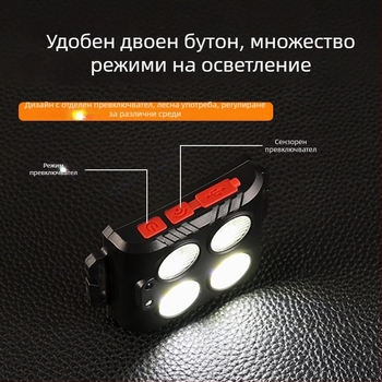 Челна лампа COB LED, USB презареждаща се, за спортове на открито, лъч 50 м, автономия 3–6 ч, еластична лента