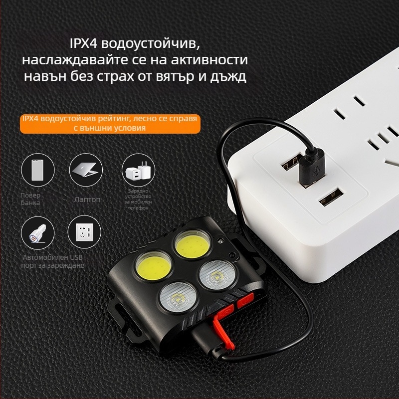 Челна лампа COB LED, USB презареждаща се, за спортове на открито, лъч 50 м, автономия 3–6 ч, еластична лента
