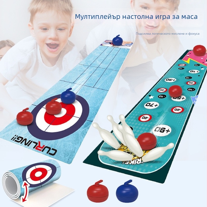 Образователна настолна игра за бюро — футбол, боулинг и кърлинг, пластмасова конструкция, интеракция родител-дете, за деца 4–14 г.