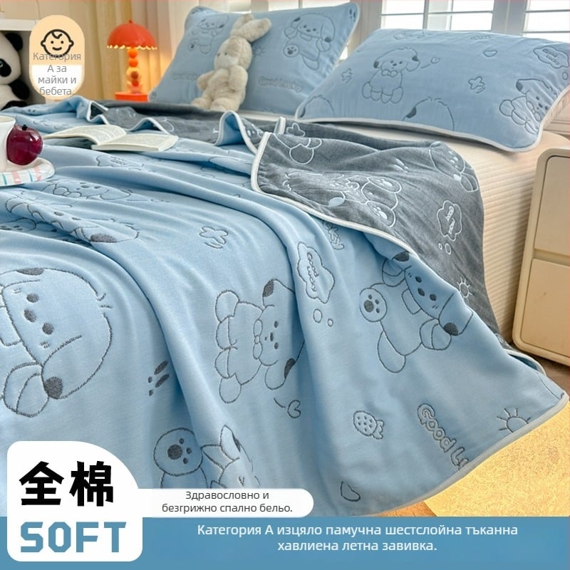 6-слоен памучен марля жакардово кърпа-одеяло, чист памук, реактивно боядисване, комплект кърпа-одеяло (2 или 3 части), модел с карикатура, пролетно-есенен