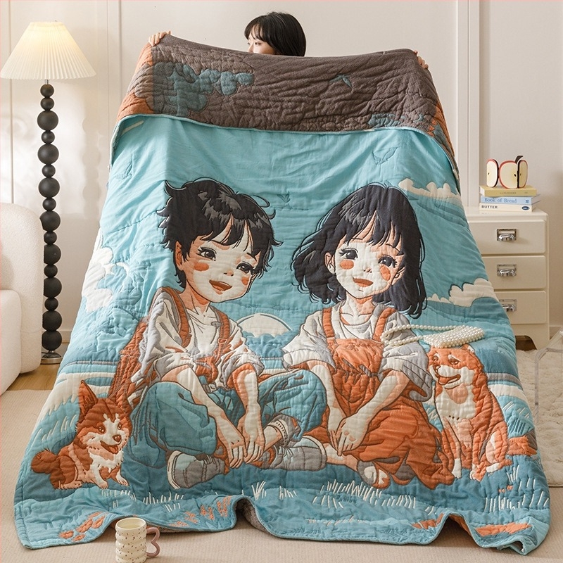 Детско хавлиено одеяло с мотив анимационни персонажи, 100% памук, вътрешен полиестерен слой, тегло 0,55–1,0 кг