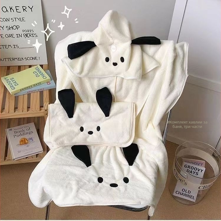 Комплект три кърпи за баня с коралов флис, 450 г и повече, абсорбиращ, включена шапка за сушене на коса