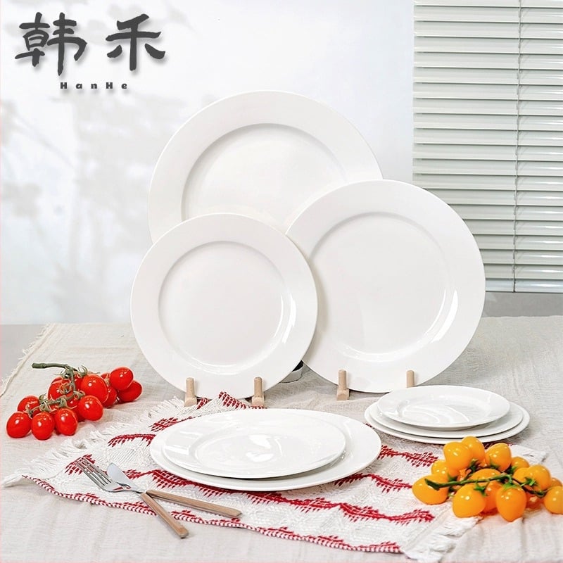 Han He порцеланова кръгла чиния за хранене, порцелан, кръгла форма, подходяща за микровълнова печка, глазура със снежен модел