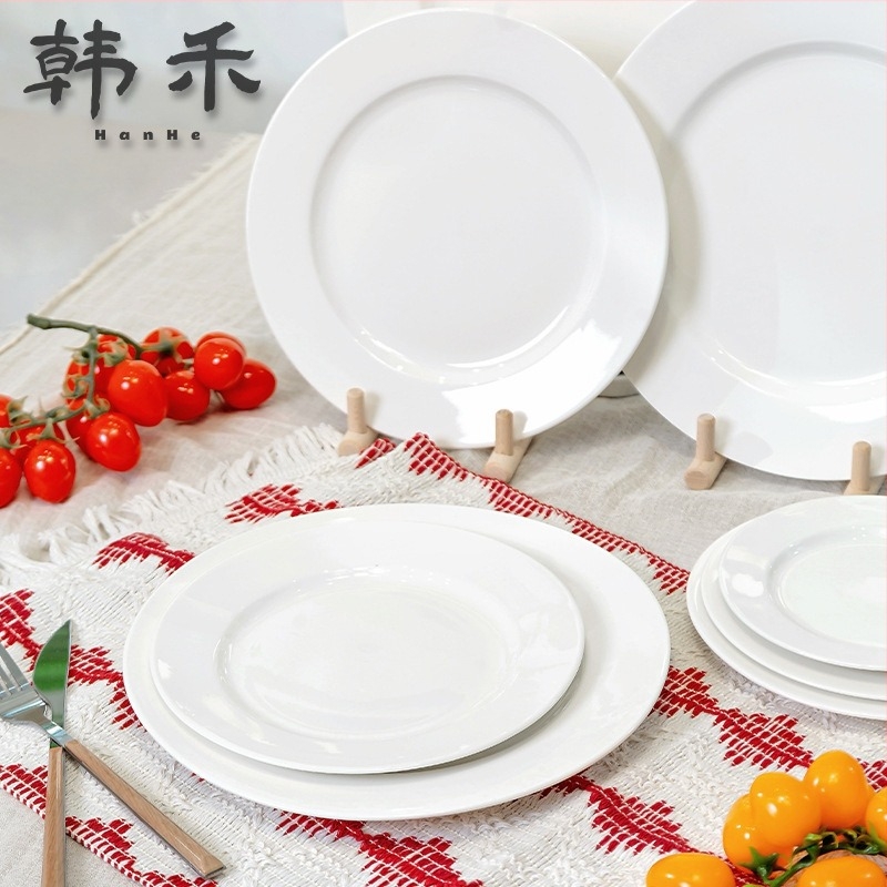 Han He порцеланова кръгла чиния за хранене, порцелан, кръгла форма, подходяща за микровълнова печка, глазура със снежен модел