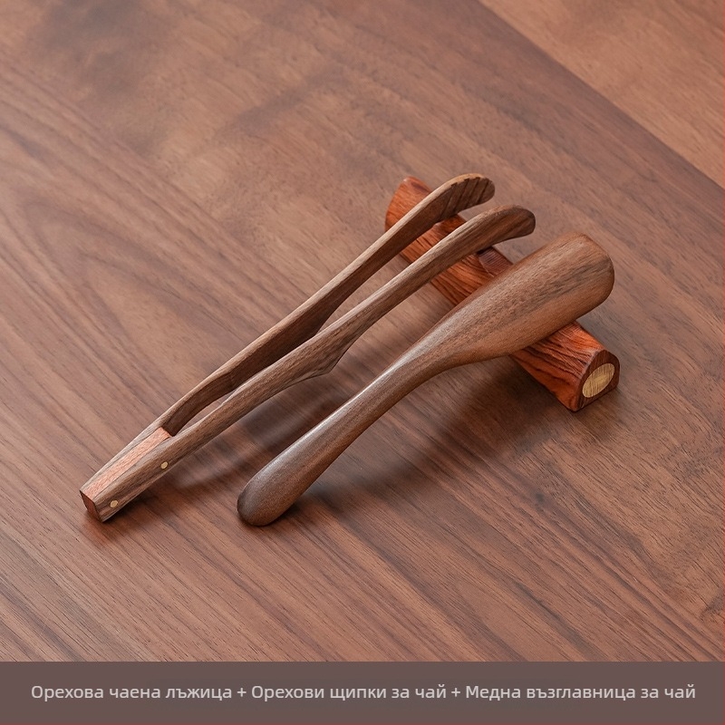 Чайна лъжичка от орехово дърво с инструмент за изваждане на чаени листа и мерителна функция, висококачествен аксесоар за чай