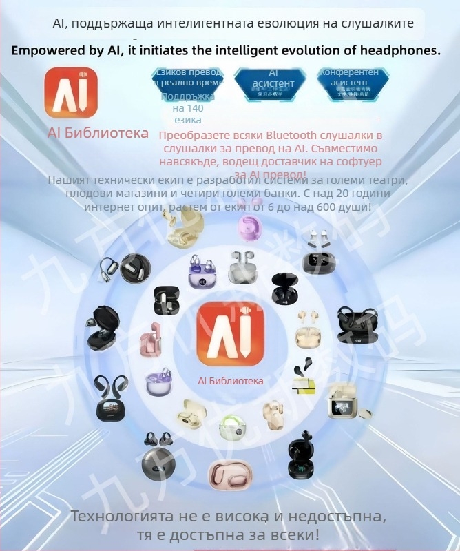 Слушалки за превод с AI реален превод, Bluetooth 5.0, IPX3 водоустойчиви, обхват 15 м, 4–8 ч живот на батерията