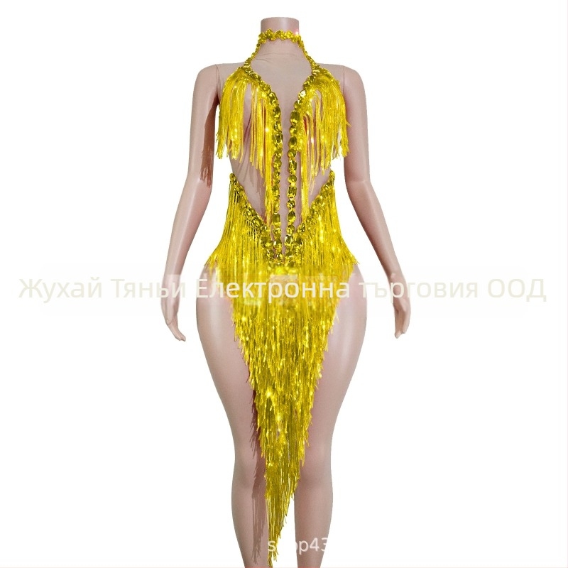 Дамска рокля с мрежеста тъкан, блестящи пискюли и пайети – сценичен костюм за латин танц, европейски и американски стил, есен 2025, полиестер-спандекс-памук смес
