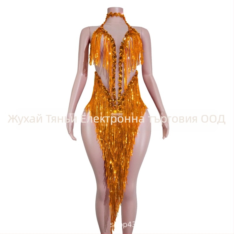 Дамска рокля с мрежеста тъкан, блестящи пискюли и пайети – сценичен костюм за латин танц, европейски и американски стил, есен 2025, полиестер-спандекс-памук смес