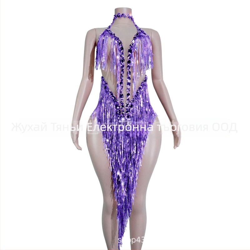 Дамска рокля с мрежеста тъкан, блестящи пискюли и пайети – сценичен костюм за латин танц, европейски и американски стил, есен 2025, полиестер-спандекс-памук смес