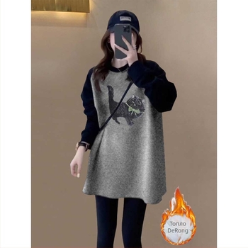 Женски базов топ с средна дължина, двуцветно кадифено мъхесто покритие, дълги ръкави, кръгло деколте, свободна кроя, материал заекова козина, принт с букви, пролет