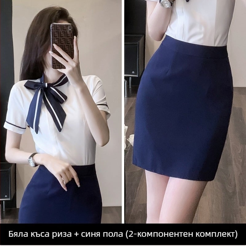 OL униформа комплект: блуза с ръкав 3/4 и къса пола, стил OL градски офис, полиестерна смес 30-50%, пролет 2024