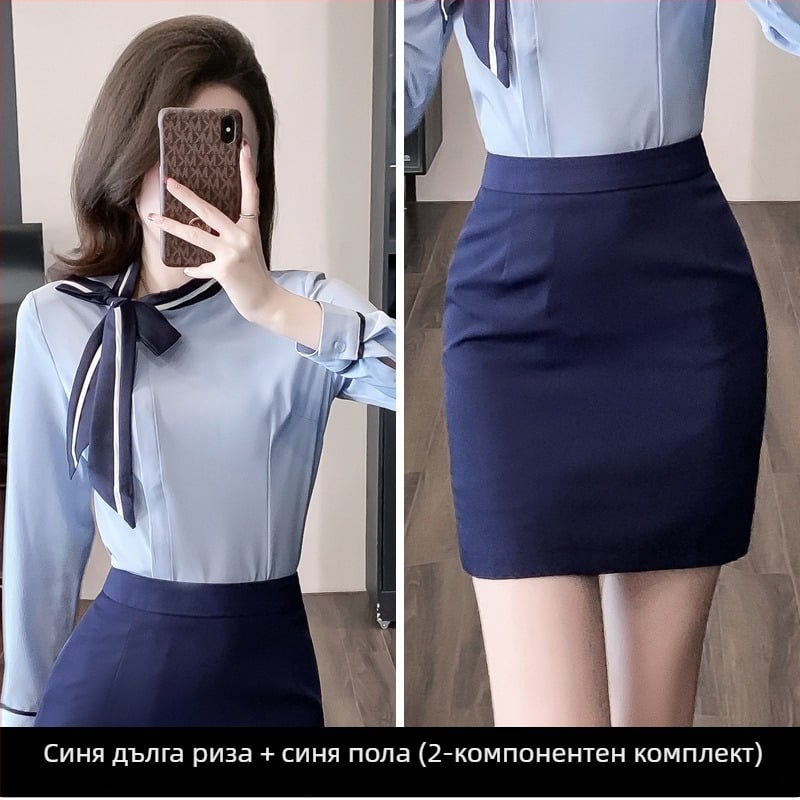 OL униформа комплект: блуза с ръкав 3/4 и къса пола, стил OL градски офис, полиестерна смес 30-50%, пролет 2024