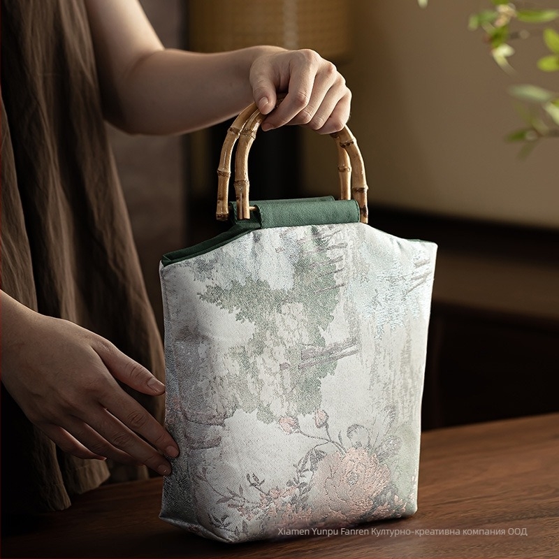 Дамска чанта от жакардова тъкан с бродирана украса, китайски стил, голям капацитет, бамбукова дръжка, принт на лого, персонализируема