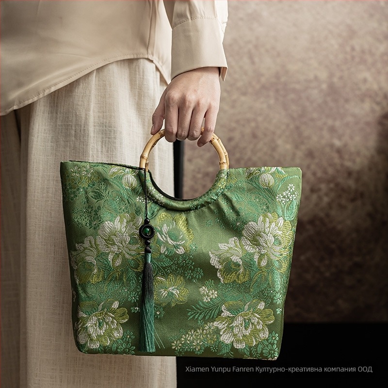 Дамска чанта от жакардова тъкан с бродирана украса, китайски стил, голям капацитет, бамбукова дръжка, принт на лого, персонализируема