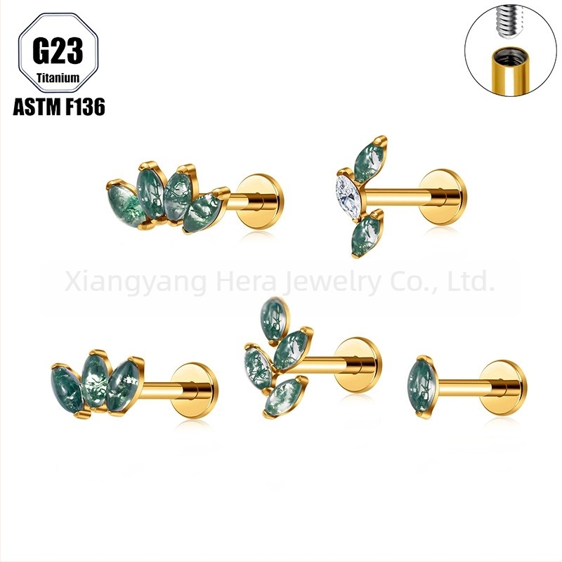 Титиева сплав, мъхест агат камък, форма конско око, носна халка и носова шпилка, имплантен клас пробивни бижута