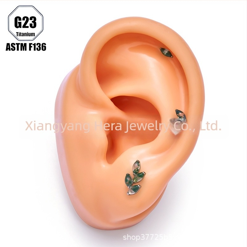 Титиева сплав, мъхест агат камък, форма конско око, носна халка и носова шпилка, имплантен клас пробивни бижута
