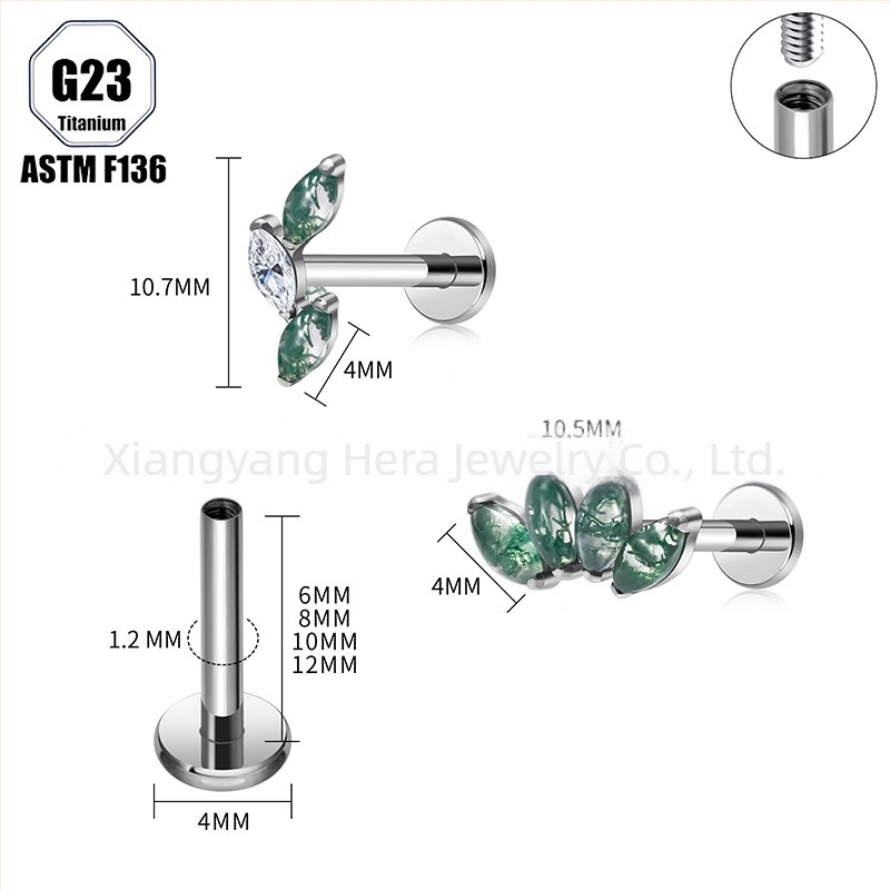 Титиева сплав, мъхест агат камък, форма конско око, носна халка и носова шпилка, имплантен клас пробивни бижута