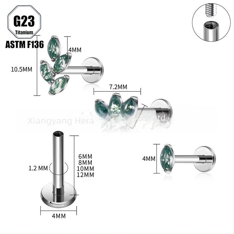 Титиева сплав, мъхест агат камък, форма конско око, носна халка и носова шпилка, имплантен клас пробивни бижута