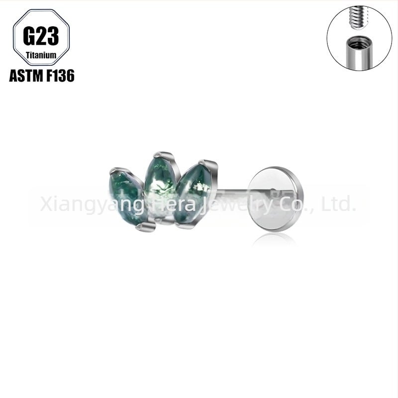 Титиева сплав, мъхест агат камък, форма конско око, носна халка и носова шпилка, имплантен клас пробивни бижута