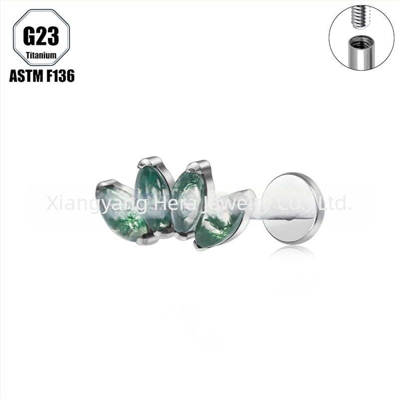 Титиева сплав, мъхест агат камък, форма конско око, носна халка и носова шпилка, имплантен клас пробивни бижута