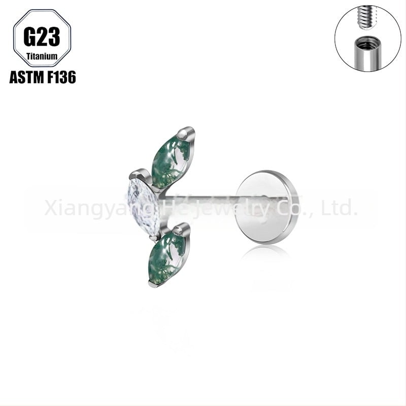 Титиева сплав, мъхест агат камък, форма конско око, носна халка и носова шпилка, имплантен клас пробивни бижута