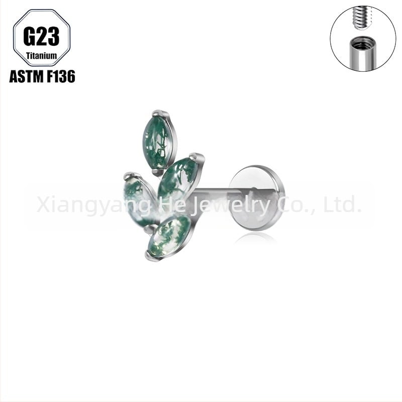 Титиева сплав, мъхест агат камък, форма конско око, носна халка и носова шпилка, имплантен клас пробивни бижута