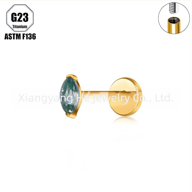 Титиева сплав, мъхест агат камък, форма конско око, носна халка и носова шпилка, имплантен клас пробивни бижута
