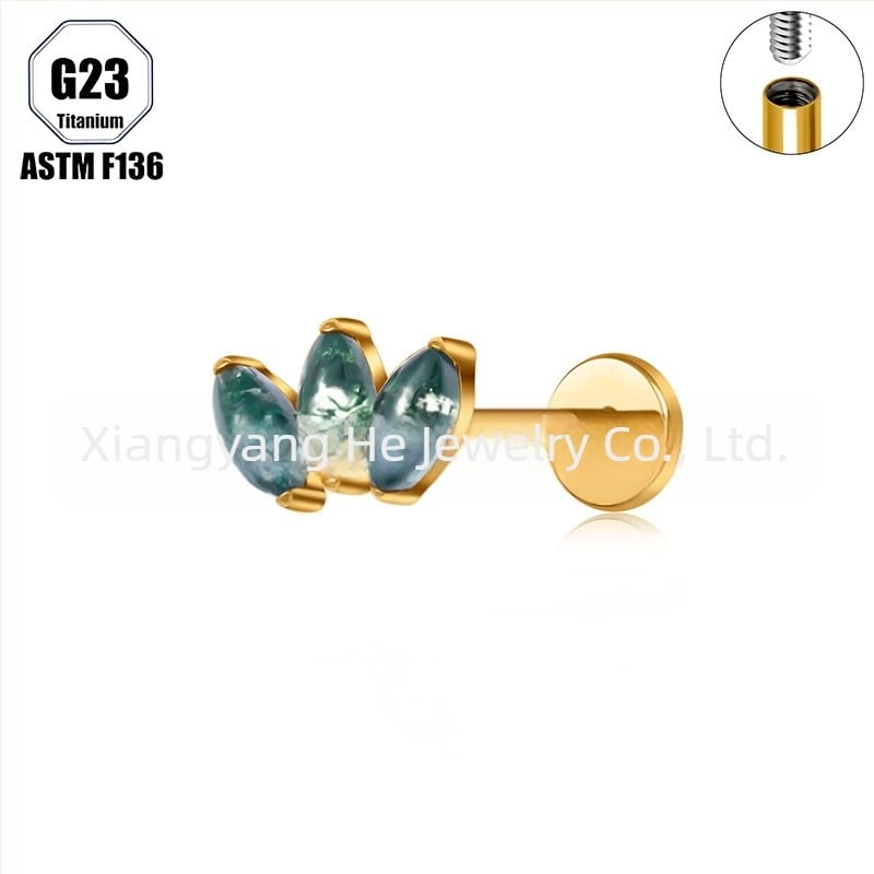 Титиева сплав, мъхест агат камък, форма конско око, носна халка и носова шпилка, имплантен клас пробивни бижута