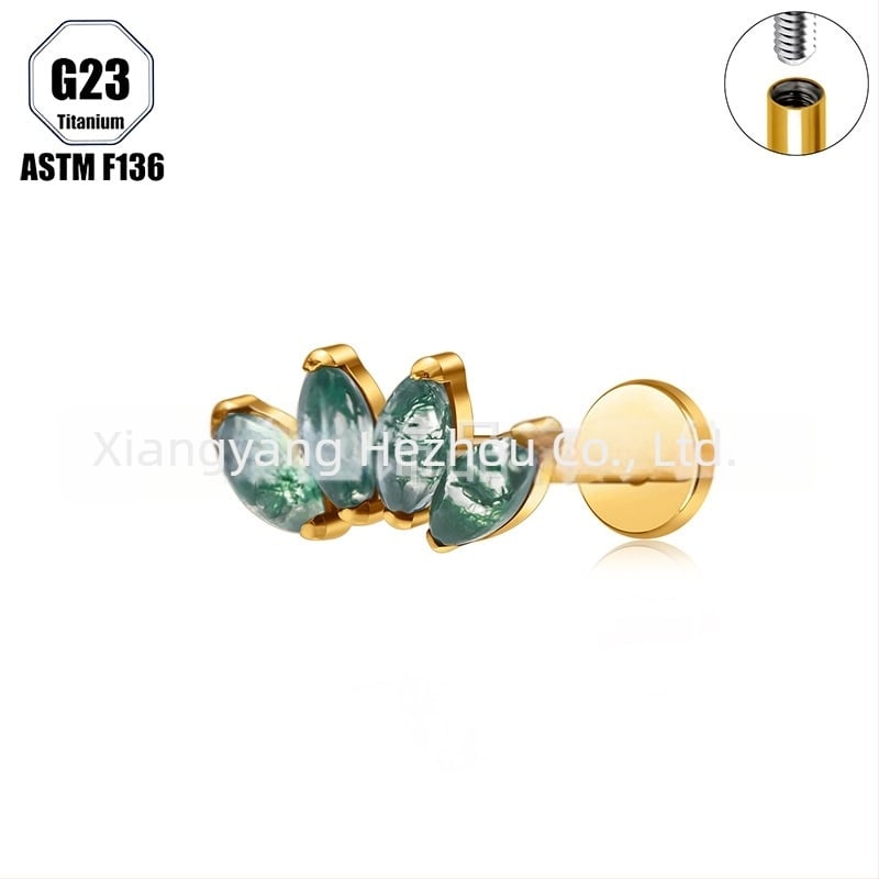 Титиева сплав, мъхест агат камък, форма конско око, носна халка и носова шпилка, имплантен клас пробивни бижута