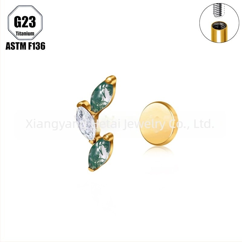 Титиева сплав, мъхест агат камък, форма конско око, носна халка и носова шпилка, имплантен клас пробивни бижута