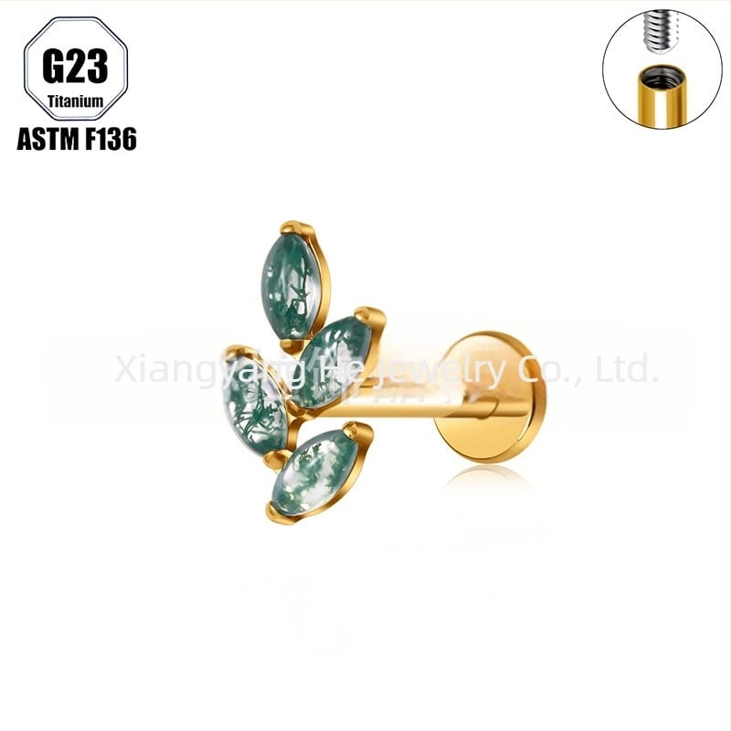 Титиева сплав, мъхест агат камък, форма конско око, носна халка и носова шпилка, имплантен клас пробивни бижута
