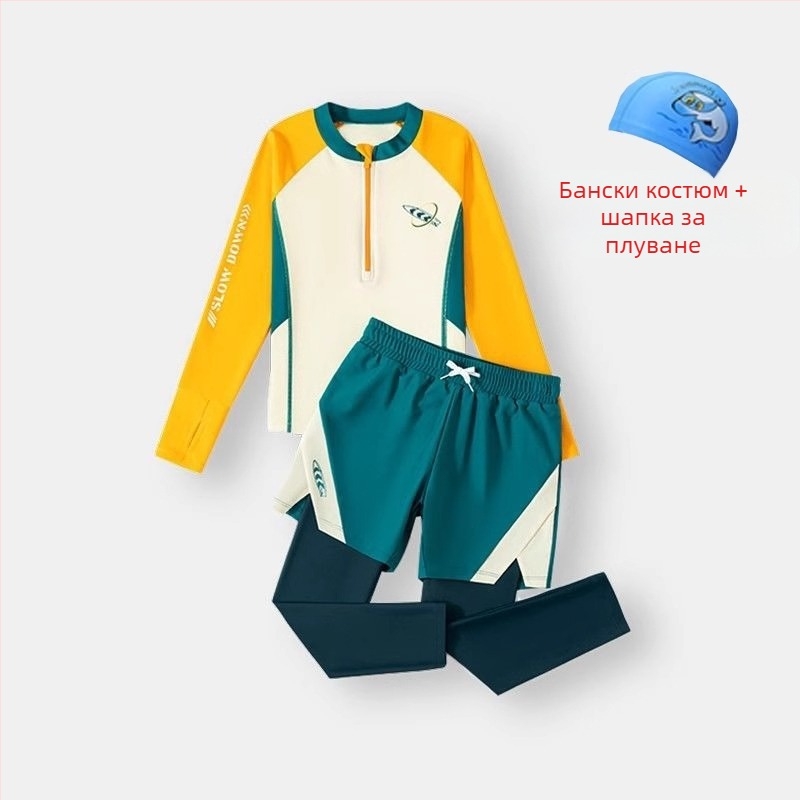 Детски бански за момчета с дълги ръкави и крачоли, защита от слънцето — полиестер 85%, подплата полиестер 85%, тегло 150–300 г/м², за плуване
