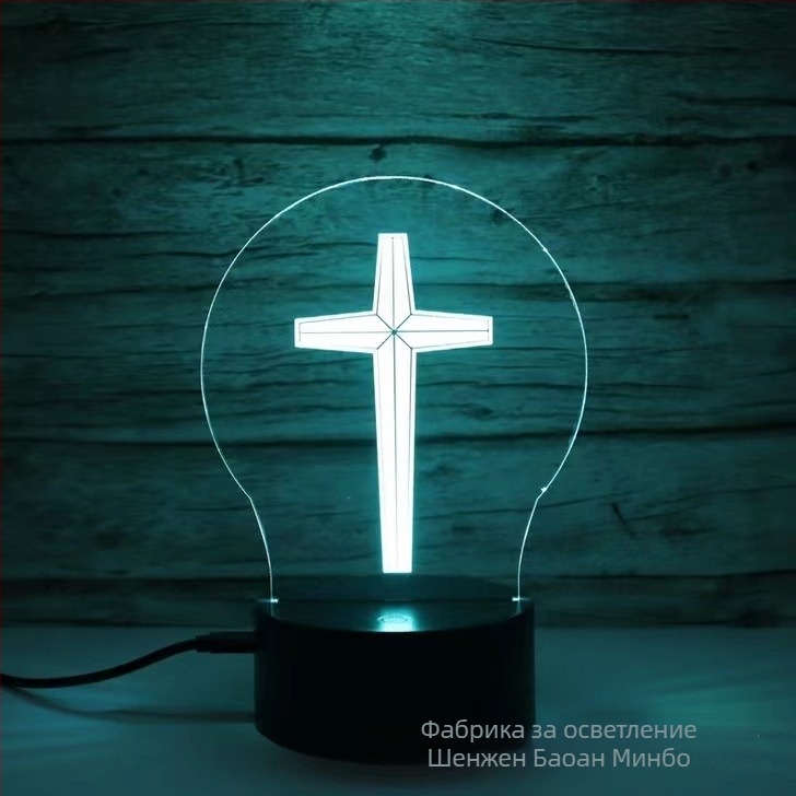 3D кръстовидна нощна лампа с LED, акрилен абажур, захранване от мрежа или батерия, управление с докосване