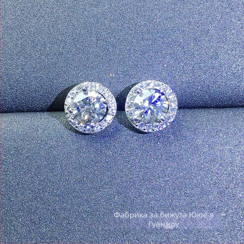 Moissanite обици, поставени в сребро S925, кръгла форма, Eight Hearts and Eight Arrows рязане, унисекс