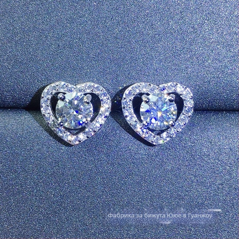 Moissanite обици, поставени в сребро S925, кръгла форма, Eight Hearts and Eight Arrows рязане, унисекс