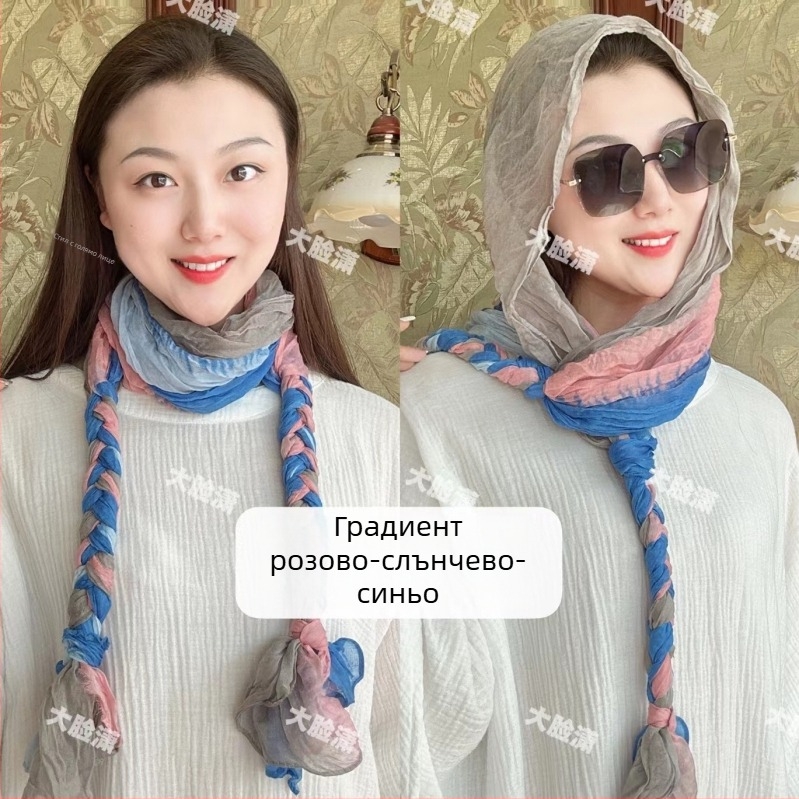 Дълъг памучен ръчно плетен шал, двупосочно използване – шал за глава през пролетта 2022