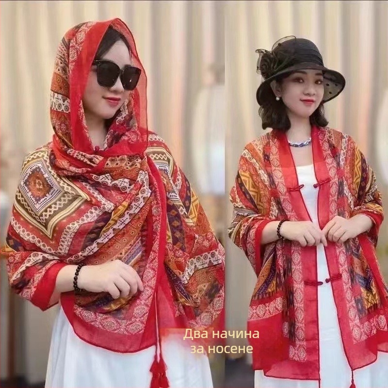 Дамски шал за слънцезащита – ретро етно стил, памучен твил