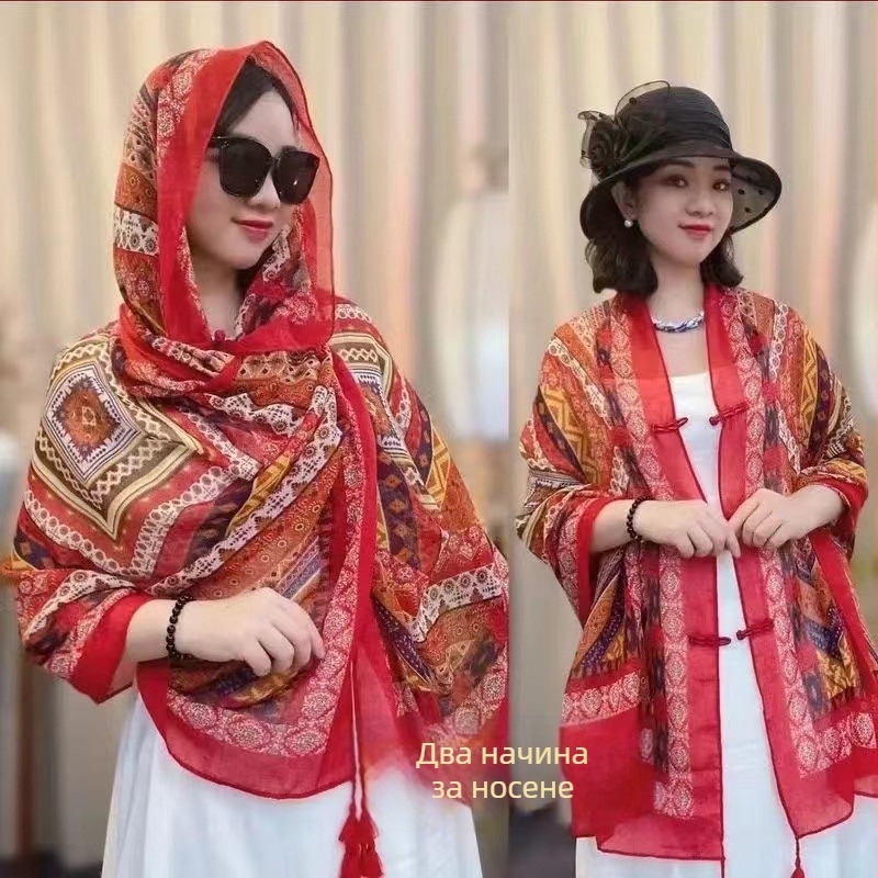 Дамски шал за слънцезащита – ретро етно стил, памучен твил