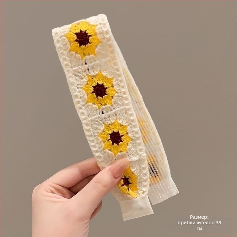 Диадема за коса с велкро за челки и разрошени кичури - френско-ретро плетено, флорален принт, за деца